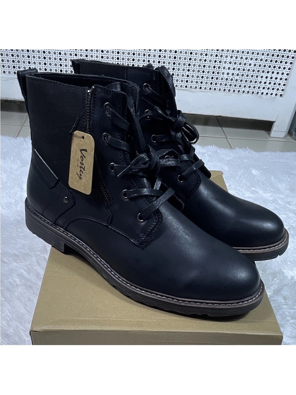 Vostey Mens Black Lace-Up Ankle Boots with Side Zipper size 11.5 Brand New